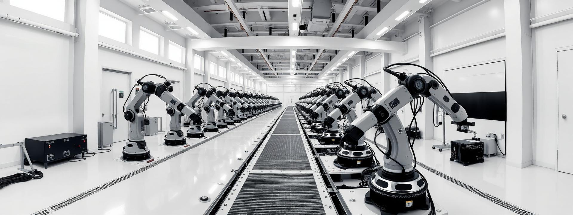 Rows of robotic arms along an automated production line in a bright factory