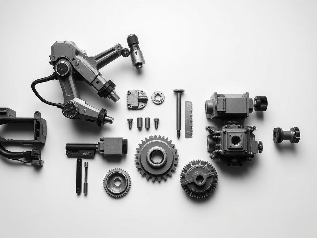Precision machined robotic components and gears arranged on a white surface