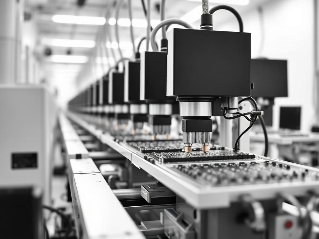 Electronics assembly line placing components onto circuit boards