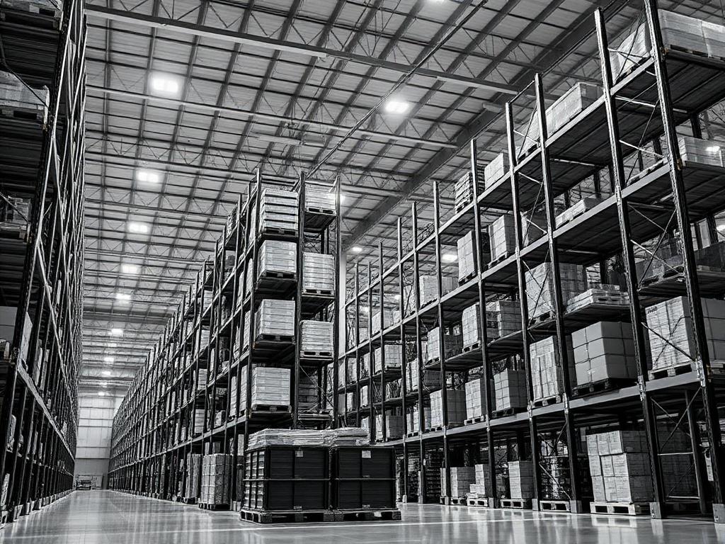 Warehouse racking stacked with crated industrial equipment