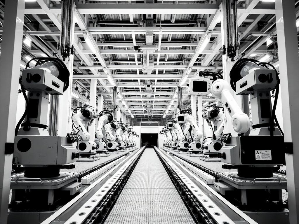 Automated production cell with conveyors and rows of robotic arms