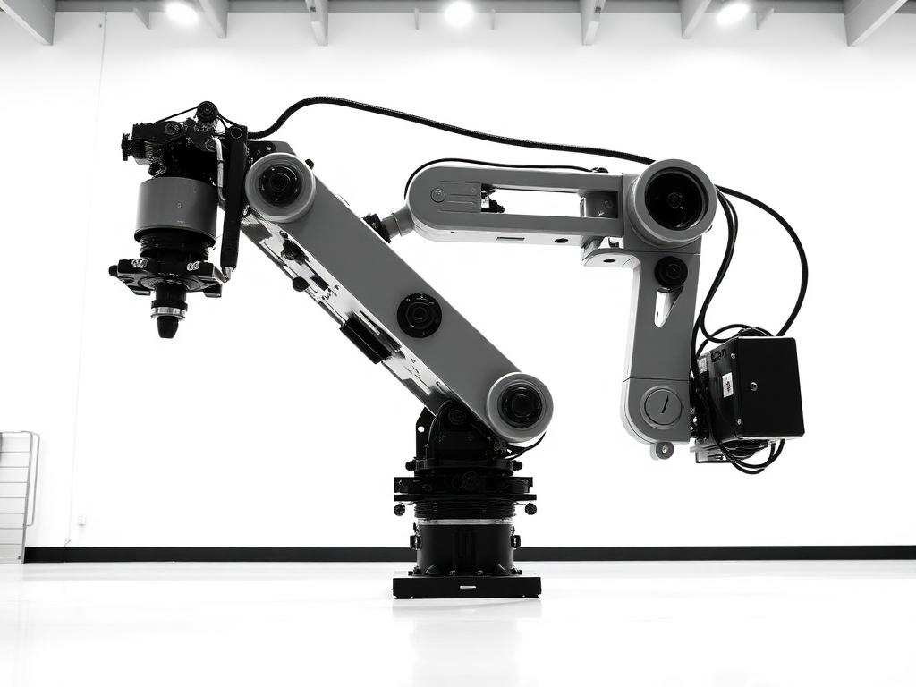 Assembled industrial robot arm on a clean factory floor